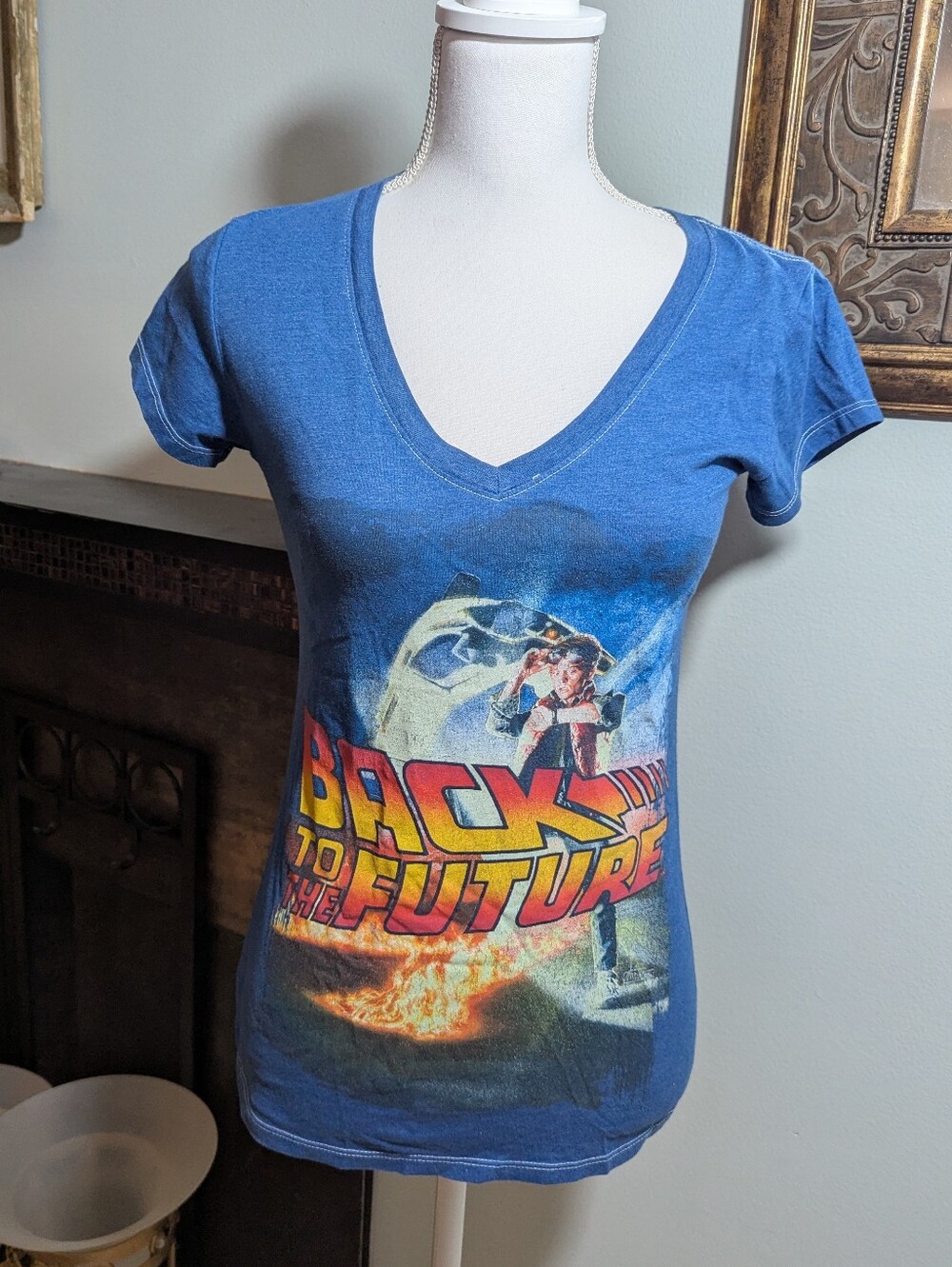 Back to the Future Movie T-Shirt Women's Medium Fitted V-neck Blue Marty Mcfly
